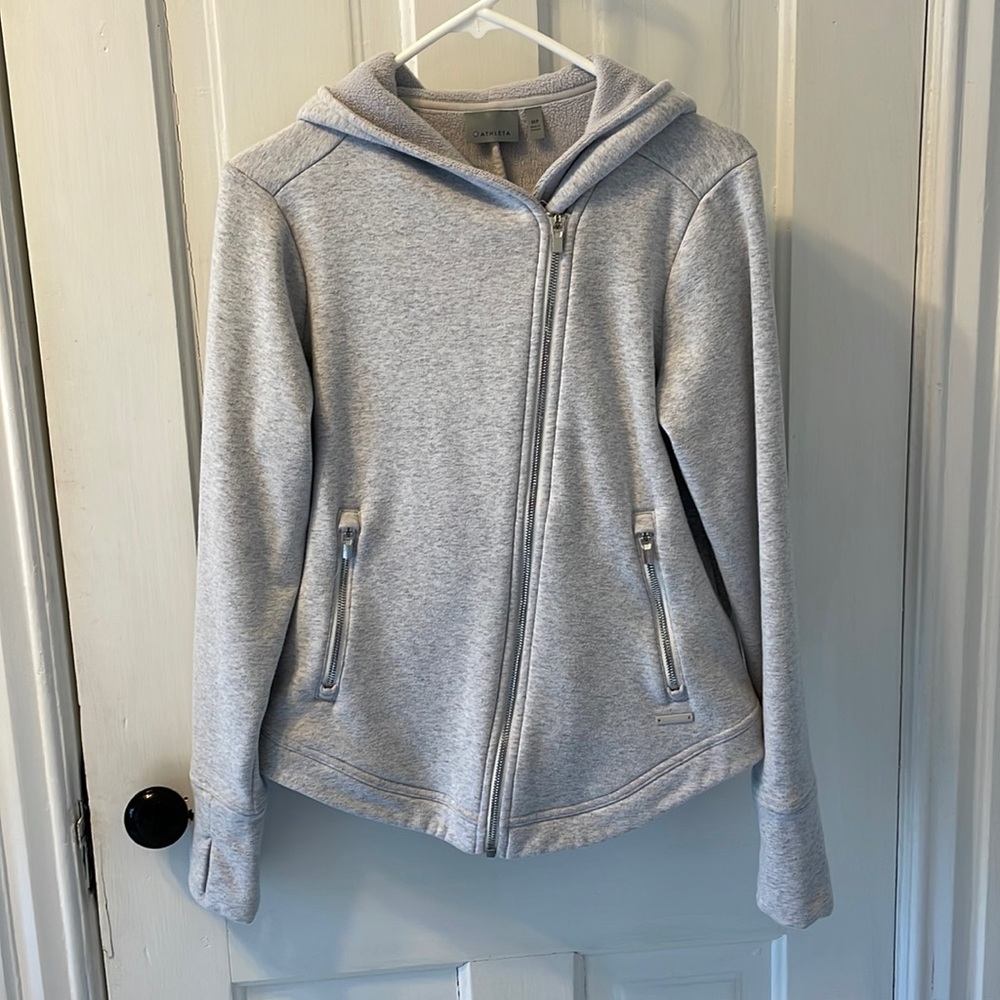Athleta asymmetrical hooded fleece lined jacket, size Medium petite